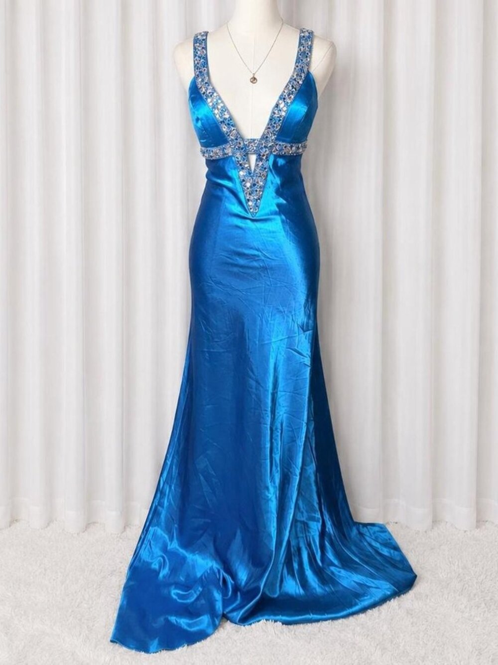 Vintage Sean Xpress Royal Blue Rhinestone Satin Gown